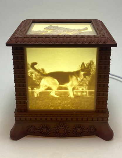Front of the gothic lithophane box glowing with a photo of a German shepherd
