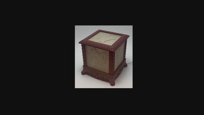 Video of the gothic lithophane photo box switching on, its photo panels glowing as it lights up